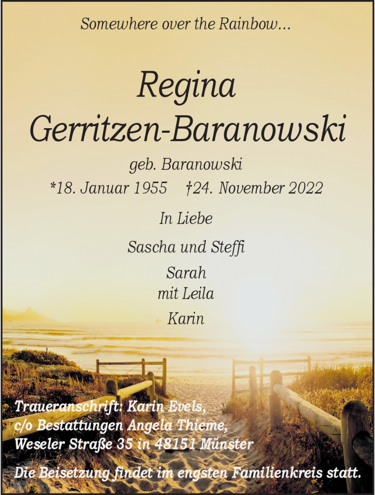 Traueranzeige für Regina Gerritzen-Baranowski vom 03.12.2022 aus 