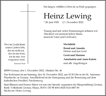 Anzeige von Heinz Lewing 