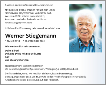Anzeige von Werner Stiegemann 