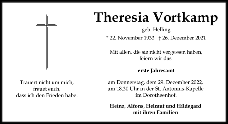  Traueranzeige für Theresia Vortkamp vom 24.12.2022 aus 