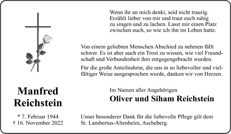  Traueranzeige für Manfred Reichstein vom 24.12.2022 aus 