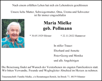 Anzeige von Maria Melke 