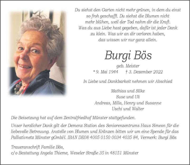  Traueranzeige für Burgi Bös vom 10.12.2022 aus 