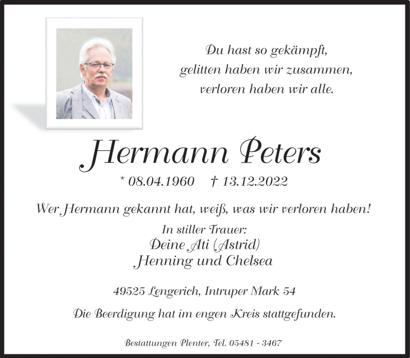  Traueranzeige für Hermann Peters vom 23.12.2022 aus 