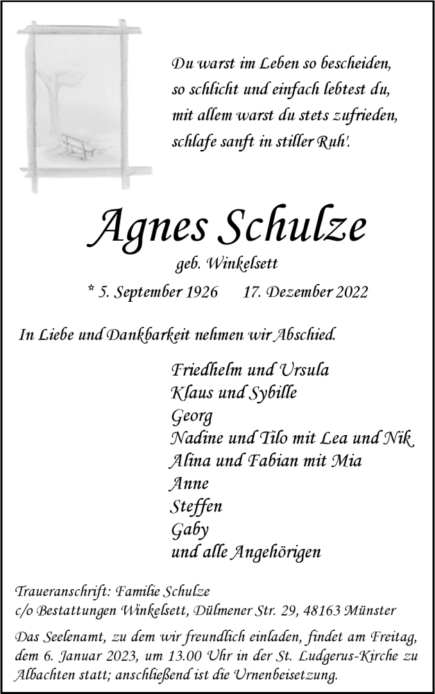  Traueranzeige für Agnes Schulze vom 24.12.2022 aus 