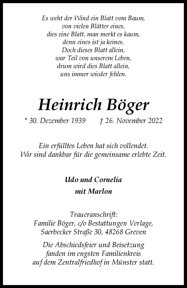  Traueranzeige für Heinrich Böger vom 24.12.2022 aus 