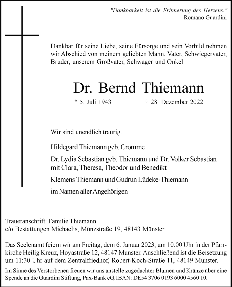  Traueranzeige für Bernd Thiemann vom 31.12.2022 aus 