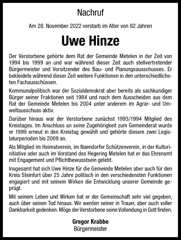  Traueranzeige für Uwe Hinze vom 02.12.2022 aus 