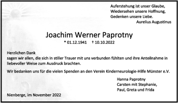 Anzeige von Joachim Werner Paprotny 