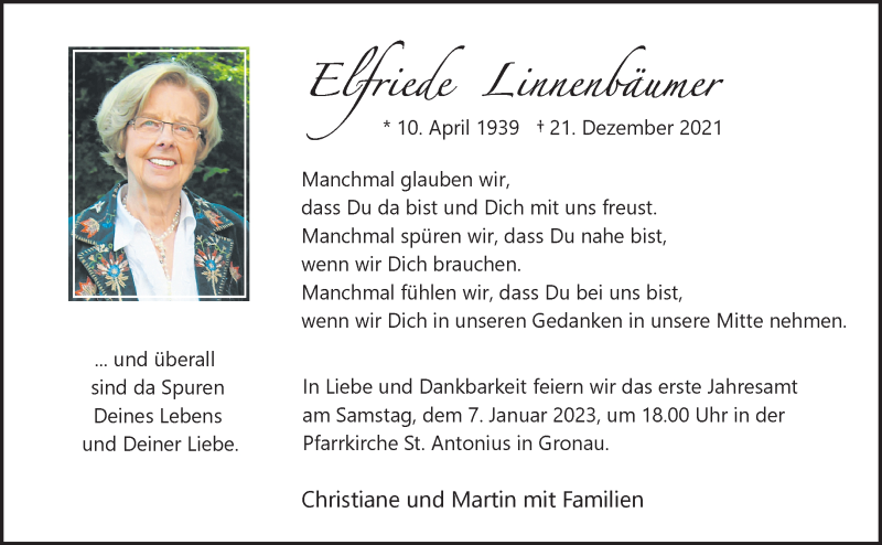  Traueranzeige für Elfriede Linnenbäumer vom 31.12.2022 aus 