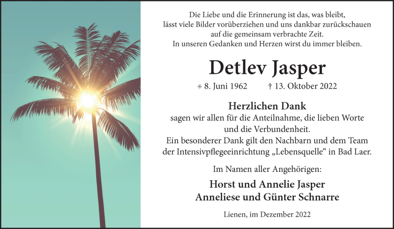  Traueranzeige für Detlev Jasper vom 17.12.2022 aus 