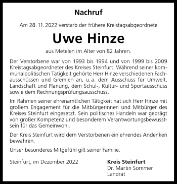 Anzeige von Uwe Hinze 