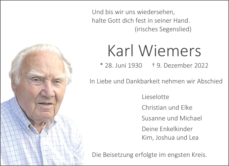  Traueranzeige für Karl Wiemers vom 24.12.2022 aus 