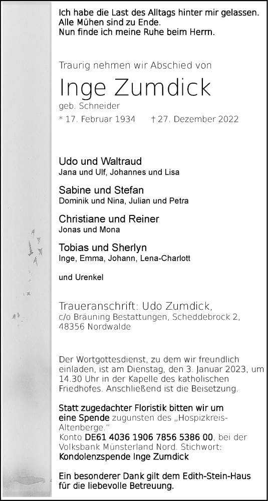  Traueranzeige für Inge Zumdick vom 29.12.2022 aus 