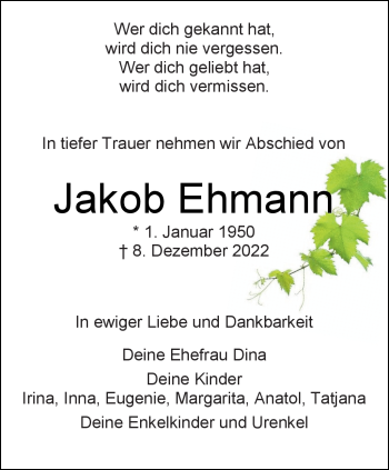 Anzeige von Jakob Ehmann 