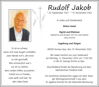 Anzeige von Rudolf Jakob 