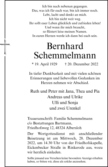 Anzeige von Bernhard Schemmelmann 
