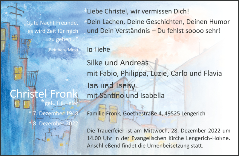  Traueranzeige für Christel Fronk vom 24.12.2022 aus 