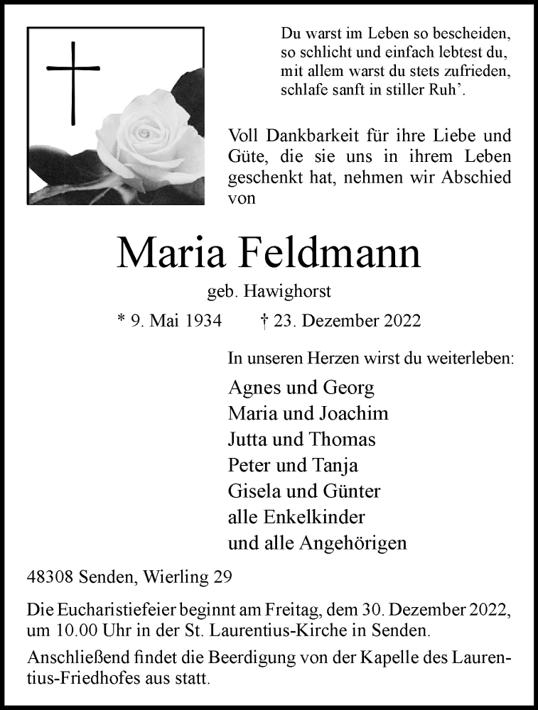  Traueranzeige für Maria Feldmann vom 28.12.2022 aus 