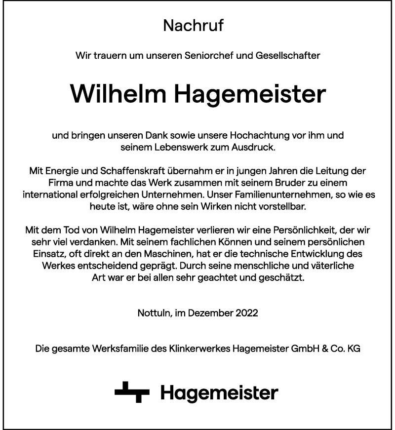  Traueranzeige für Wilhelm Hagemeister vom 30.12.2022 aus 