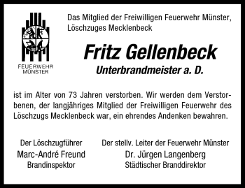 Anzeige von Fritz Gellenbeck 