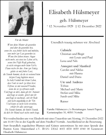 Anzeige von Elisabeth Hülsmeyer 