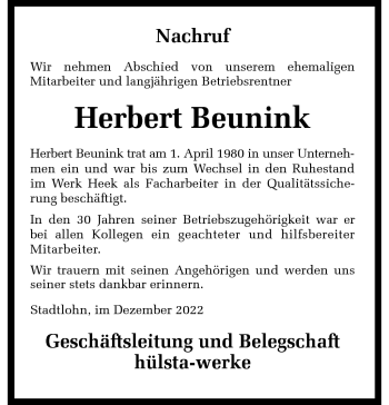 Anzeige von Herbert Beunink 