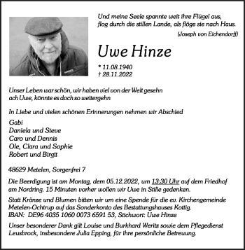 Anzeige von Uwe Hinze 
