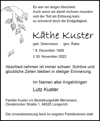 Anzeige von Käthe Kuster 