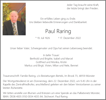 Anzeige von Paul Raring 
