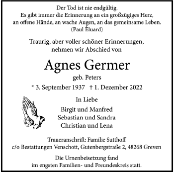 Anzeige von Agnes Germer 