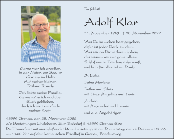 Anzeige von Adolf Klar 