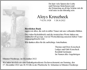 Anzeige von Aloys Kreuzheck 