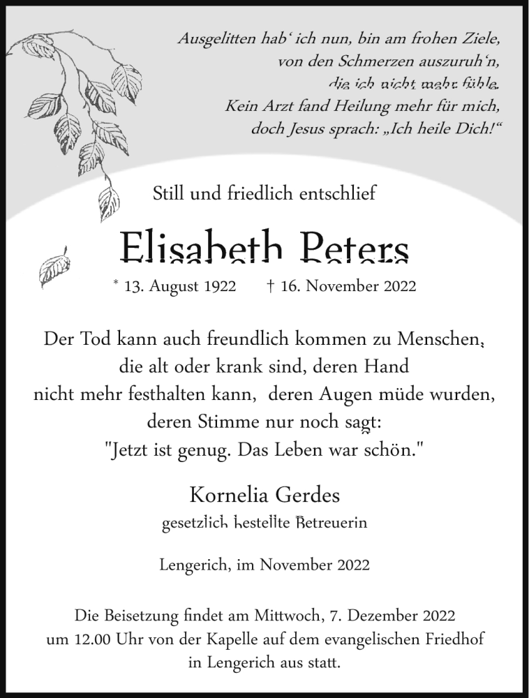  Traueranzeige für Elisabeth Peters vom 03.12.2022 aus 