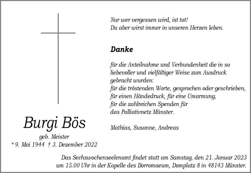  Traueranzeige für Burgi Bös vom 31.12.2022 aus 