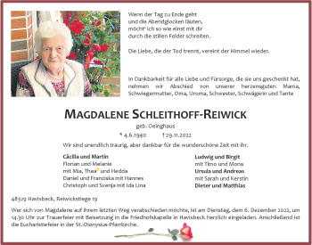 Anzeige von Magdalene SCHLEITHOFF-REIWICK 