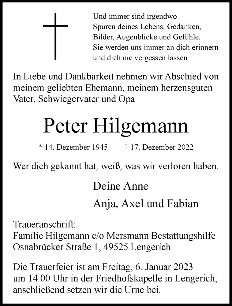  Traueranzeige für Peter Hilgemann vom 31.12.2022 aus 