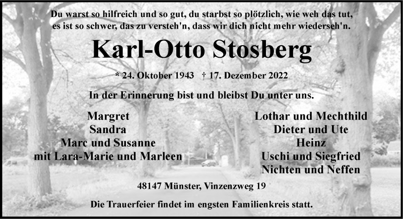  Traueranzeige für Karl-Otto Stosberg vom 28.12.2022 aus 