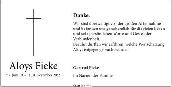 Anzeige von Aloys Fieke 