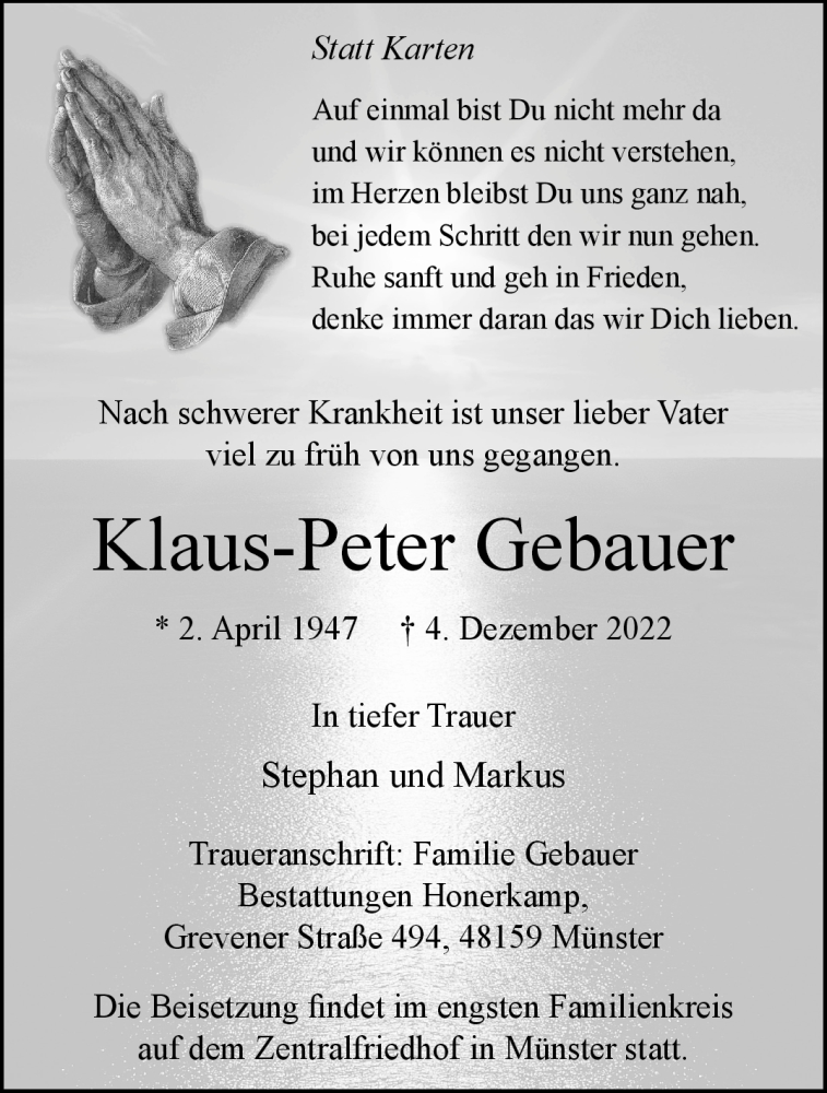  Traueranzeige für Klaus-Peter Gebauer vom 19.12.2022 aus 