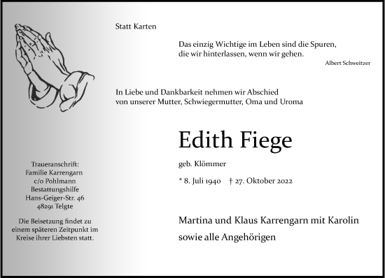 Anzeige von Edith Fiege 