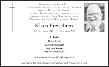 Anzeige von Klaus Freischem 