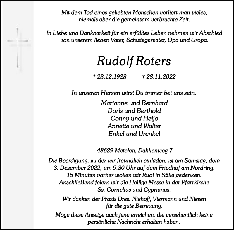  Traueranzeige für Rudolf Roters vom 01.12.2022 aus 