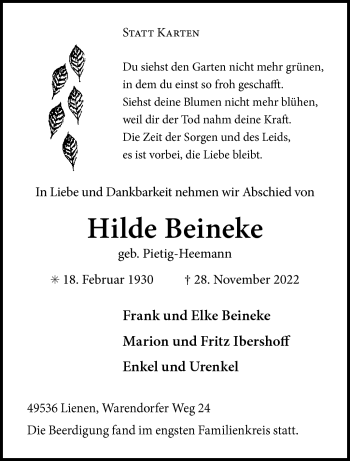 Anzeige von Hilde Beineke 