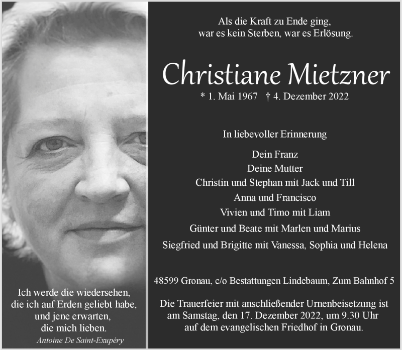  Traueranzeige für Christiane Mietzner vom 08.12.2022 aus 