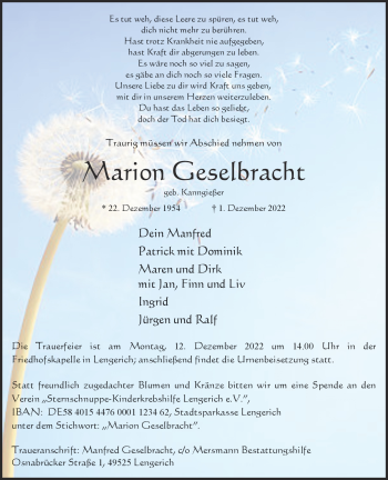 Anzeige von Marion Geselbracht 