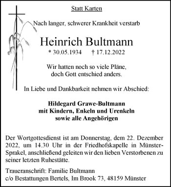 Anzeige von Heinrich Bultmann 