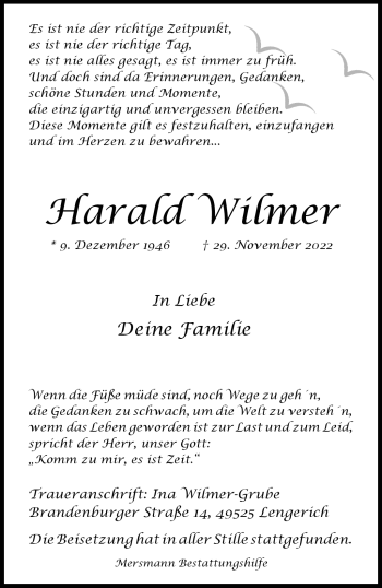Anzeige von Harald Wilmer 