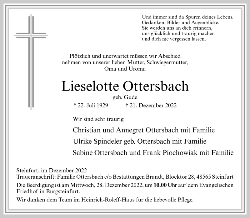  Traueranzeige für Lieselotte Ottersbach vom 24.12.2022 aus 
