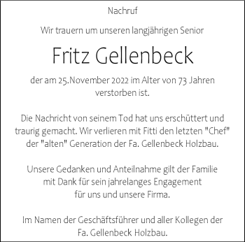 Anzeige von Fritz Gellenbeck 